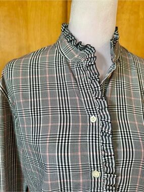 Lauren Ralph Lauren Black and Pink Plaid Ruffle-Trim Button Down Shirt